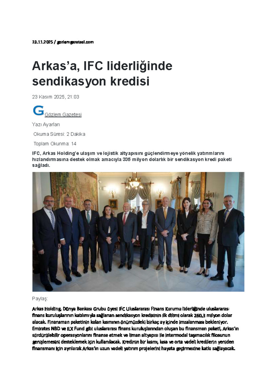 Arkas’a, IFC Liderliğinde Sendikasyon Kredisi