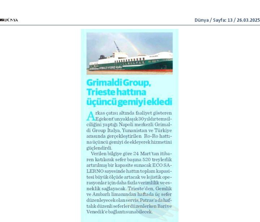 Grimaldi Group, Trieste hattına üçüncü gemiyi ekledi 