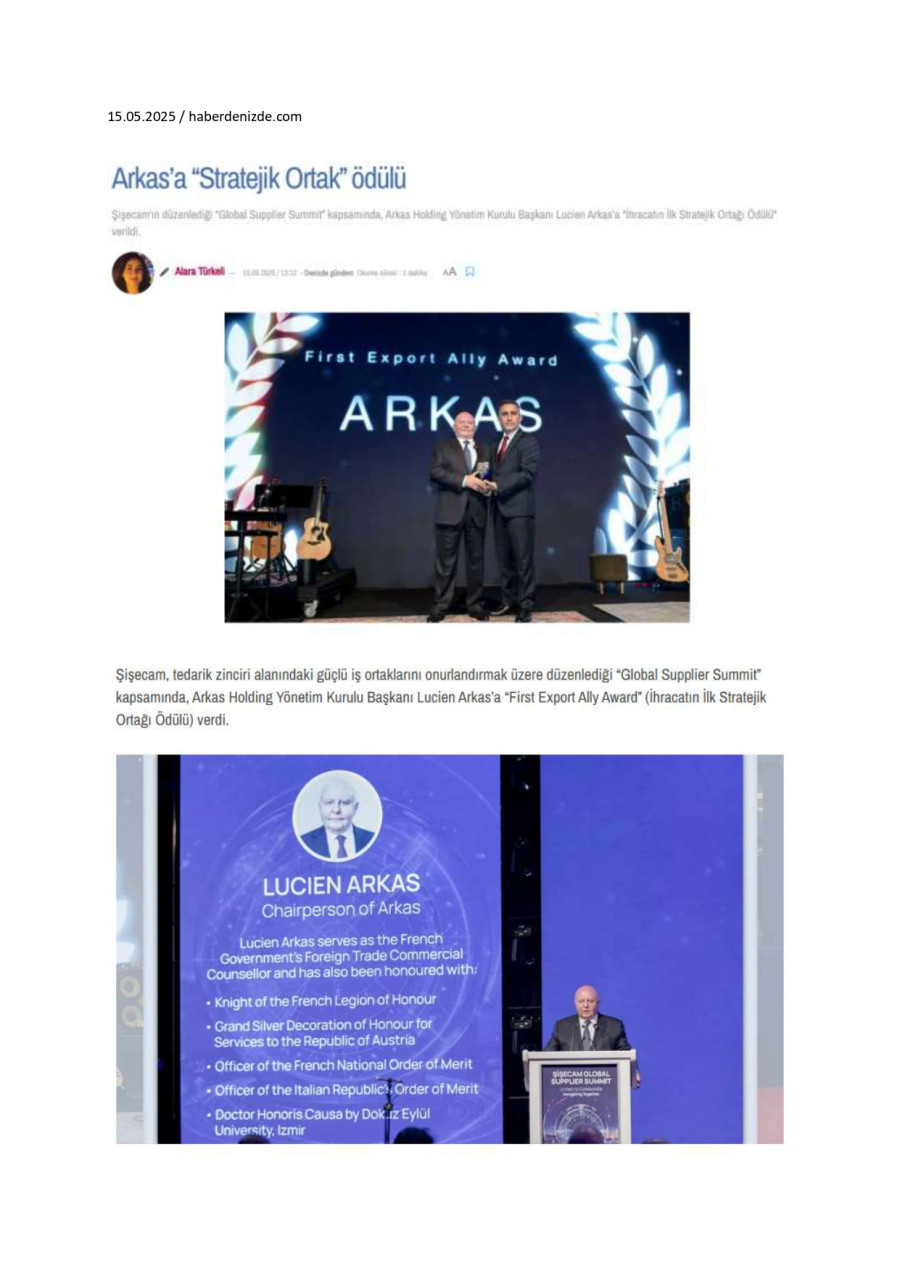 Arkas'a 'Stratejik Ortak' Ödülü