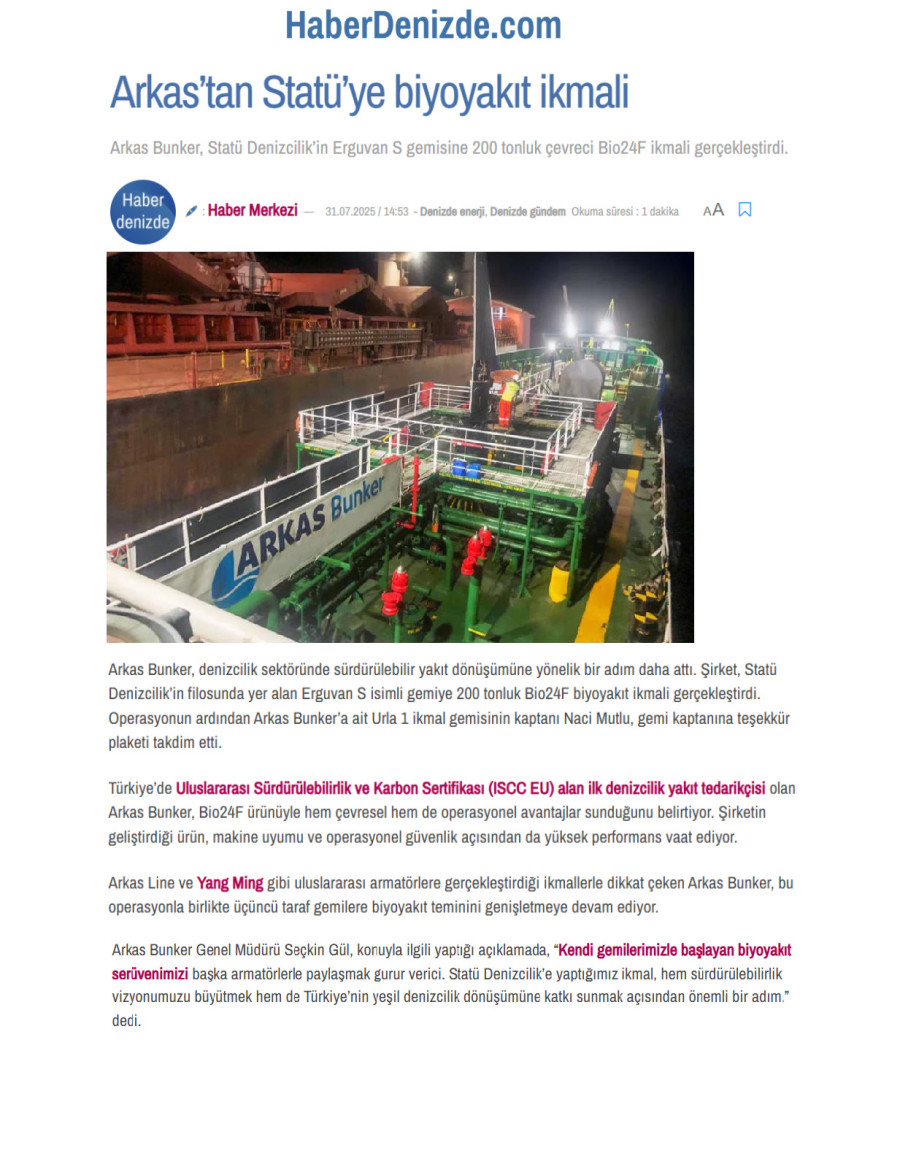 Arkas'tan Statü'ye Biyoyakıt İkmali
