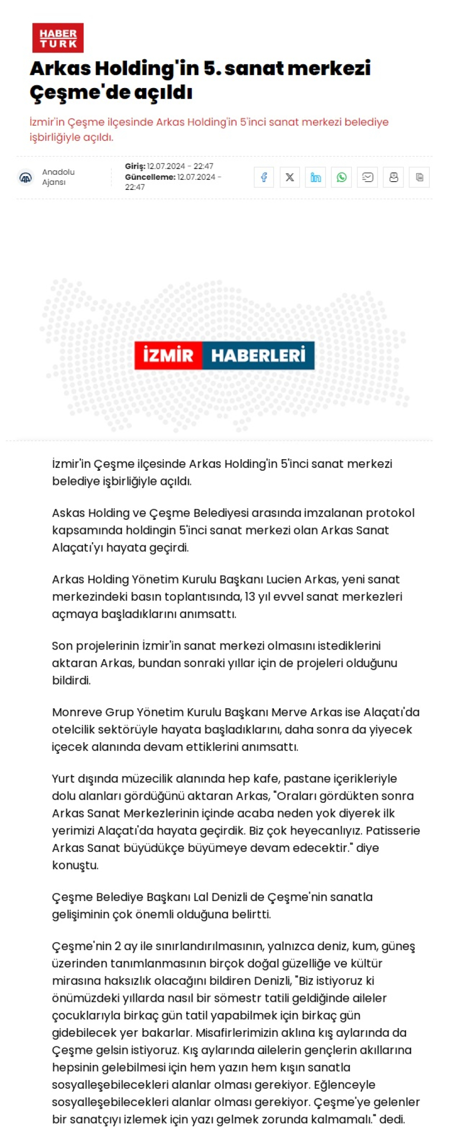 Arkas Holding'in 5. sanat merkezi Çeşme'de açıldı