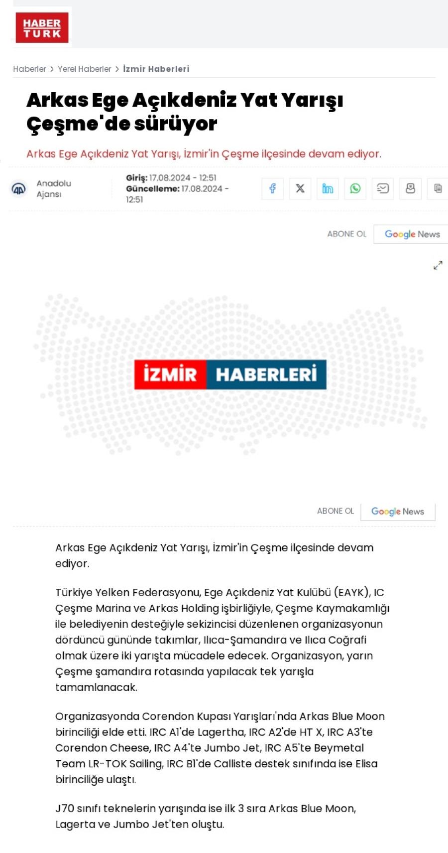 Arkas Ege Açıkdeniz Yat Yarışı Çeşme'de sürüyor