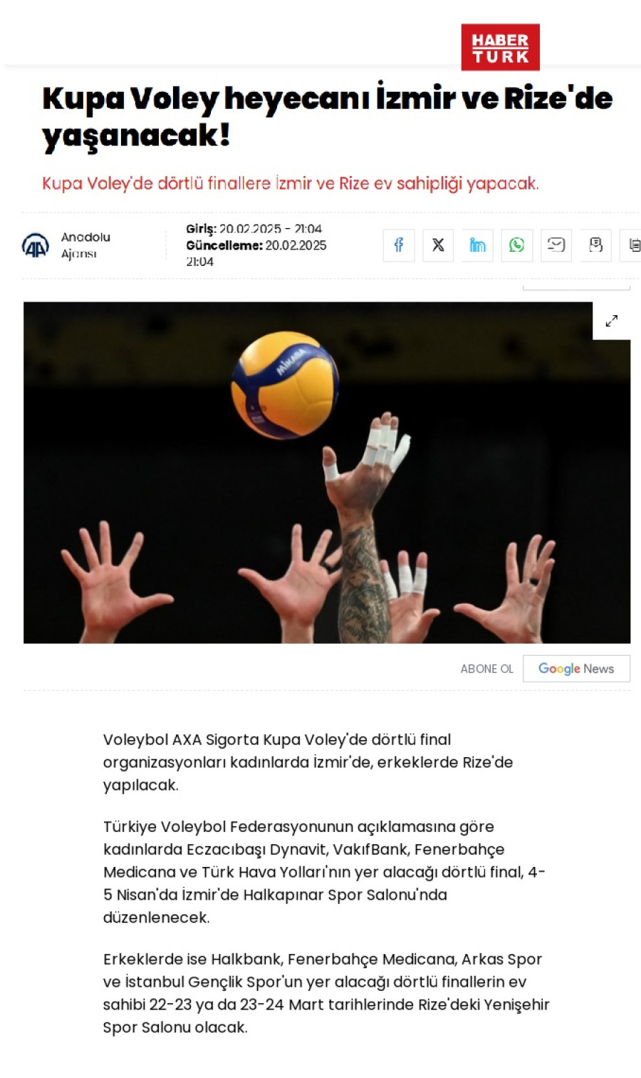 Kupa Voley heyecanı İzmir ve Rize'de yaşanacak!