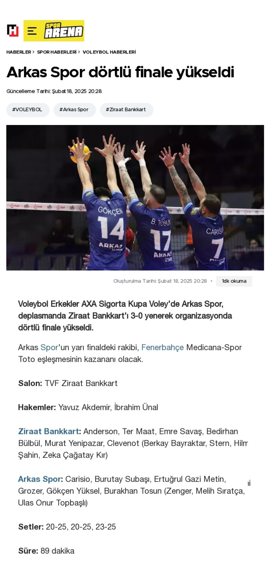 Arkas Spor dörtlü finale yükseldi
