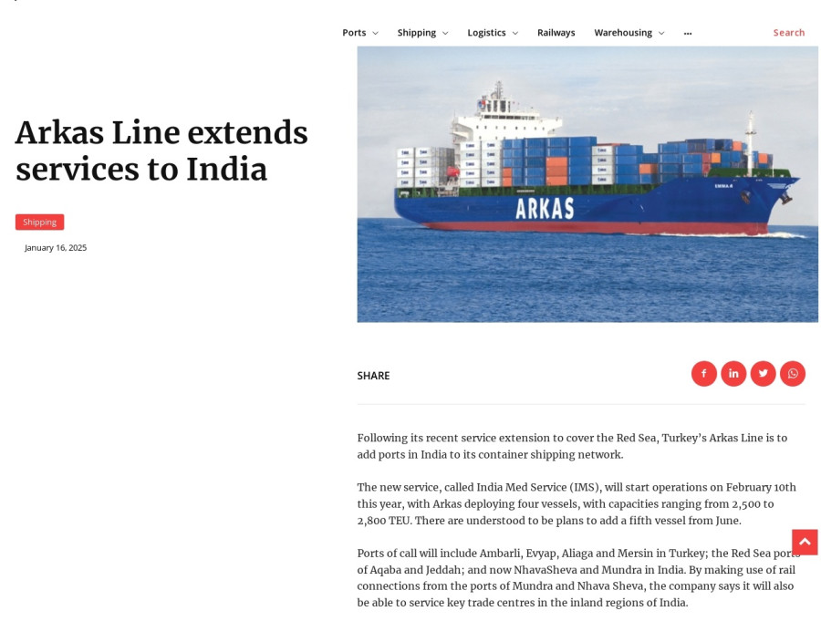 Arkas Line extends services to India