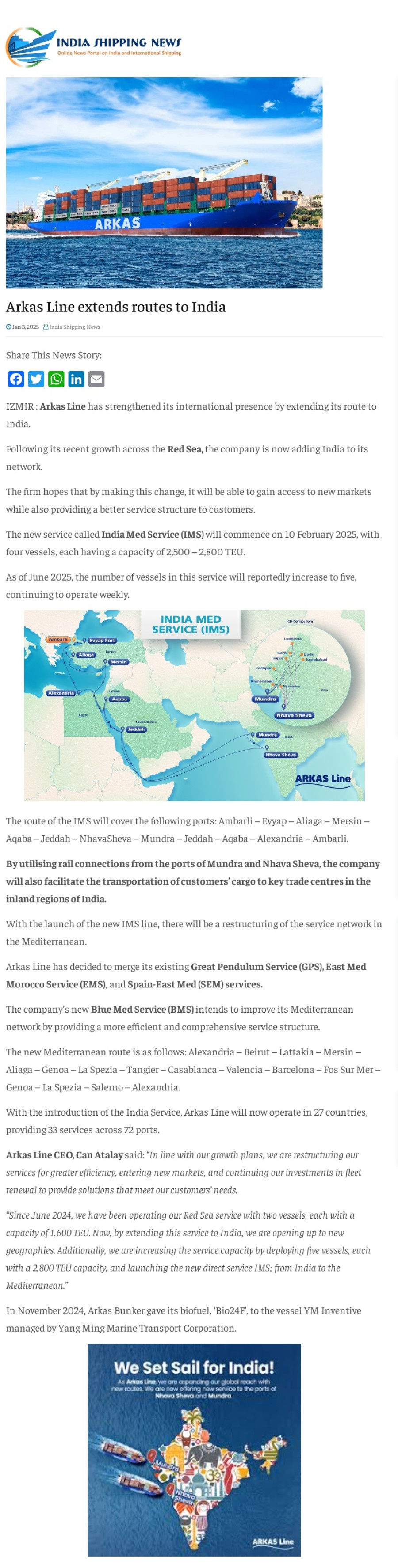 Arkas Line extends routes to India