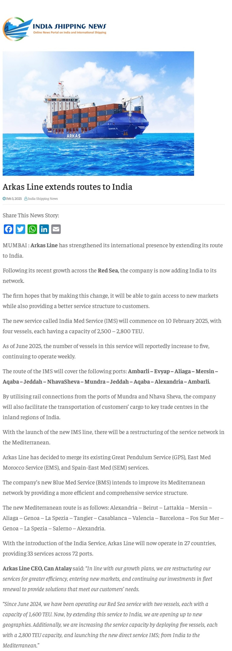 Arkas Line extends routes to India 