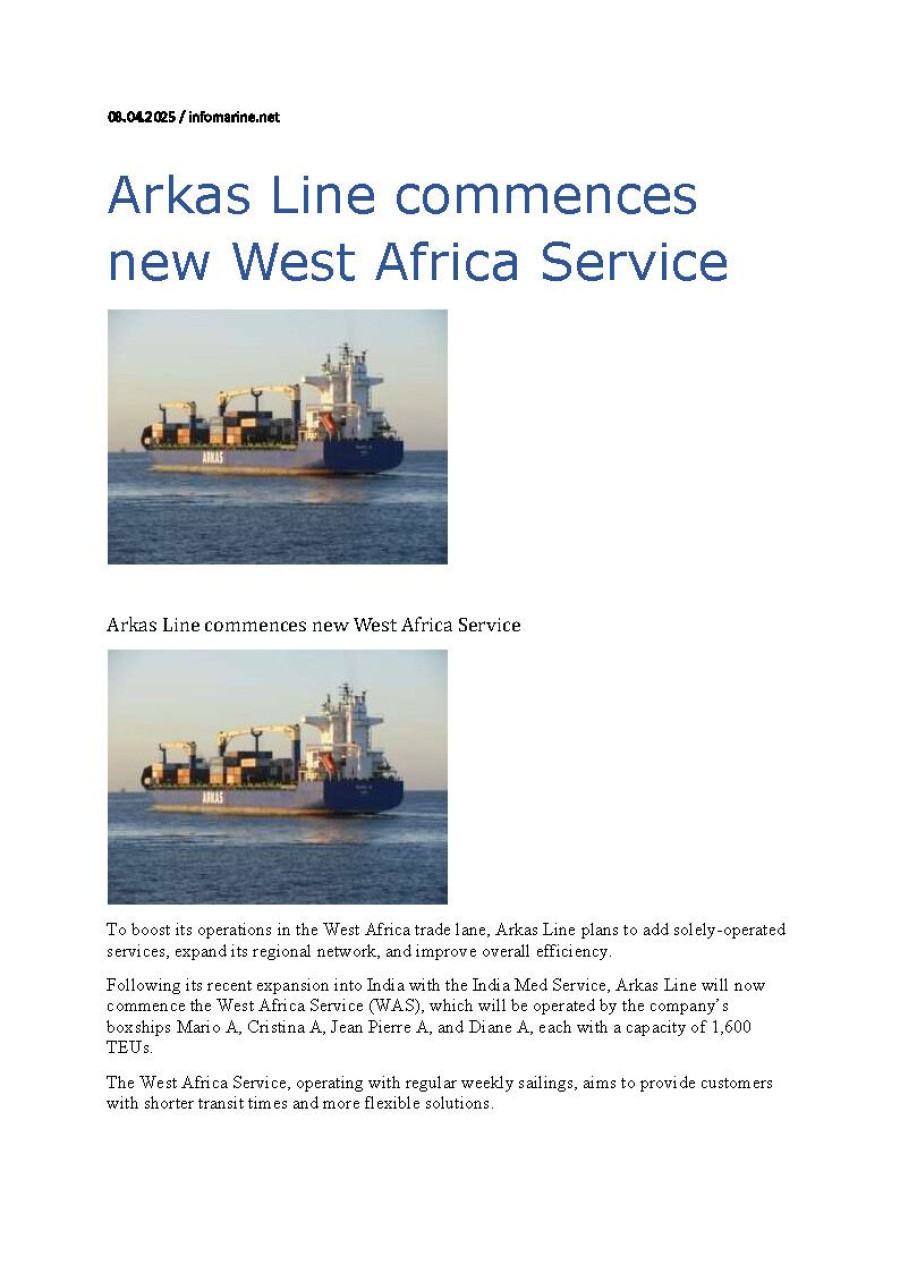 Arkas Line commences news West Africa service