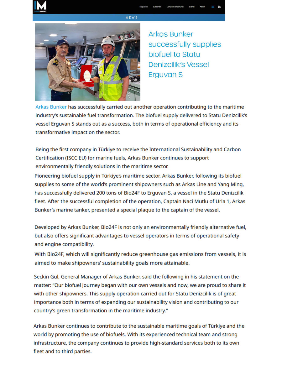 Arkas Bunker Successfully Supplies Biofuel To Statu Denizcilik’s Vessel Erguvan S