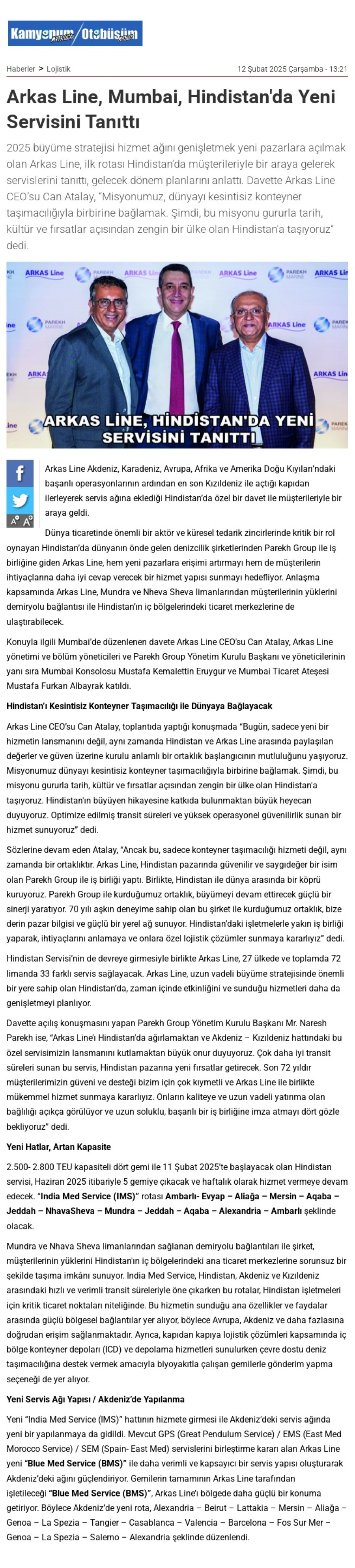 Arkas Line, Mumbai, Hindistan'da yeni servisini tanıttı