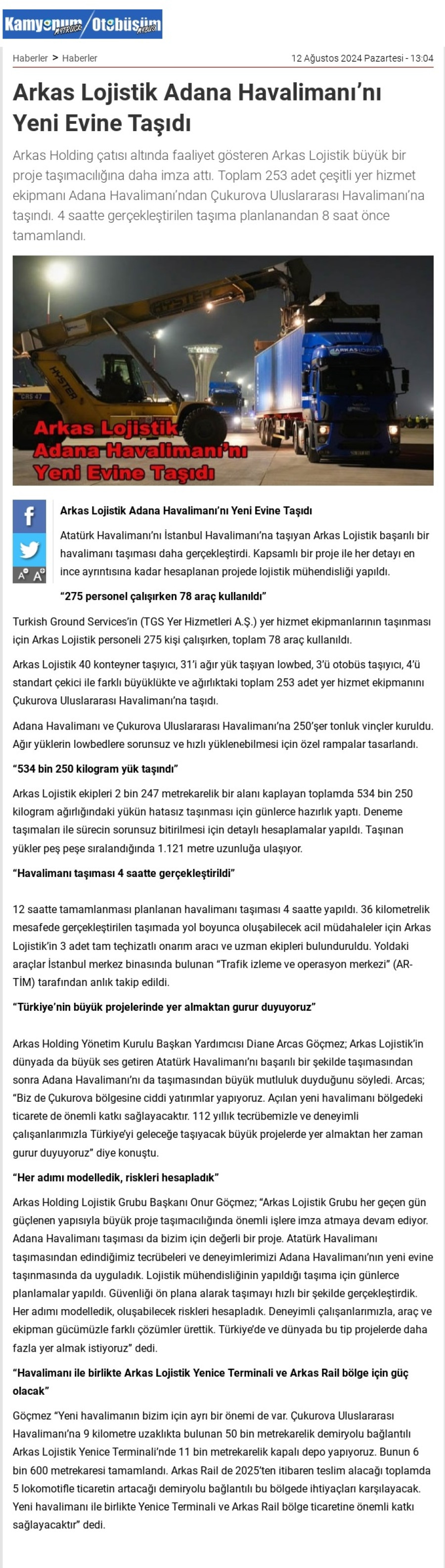 Arkas Lojistik Adana Havalimanı'nı yeni evine taşıdı