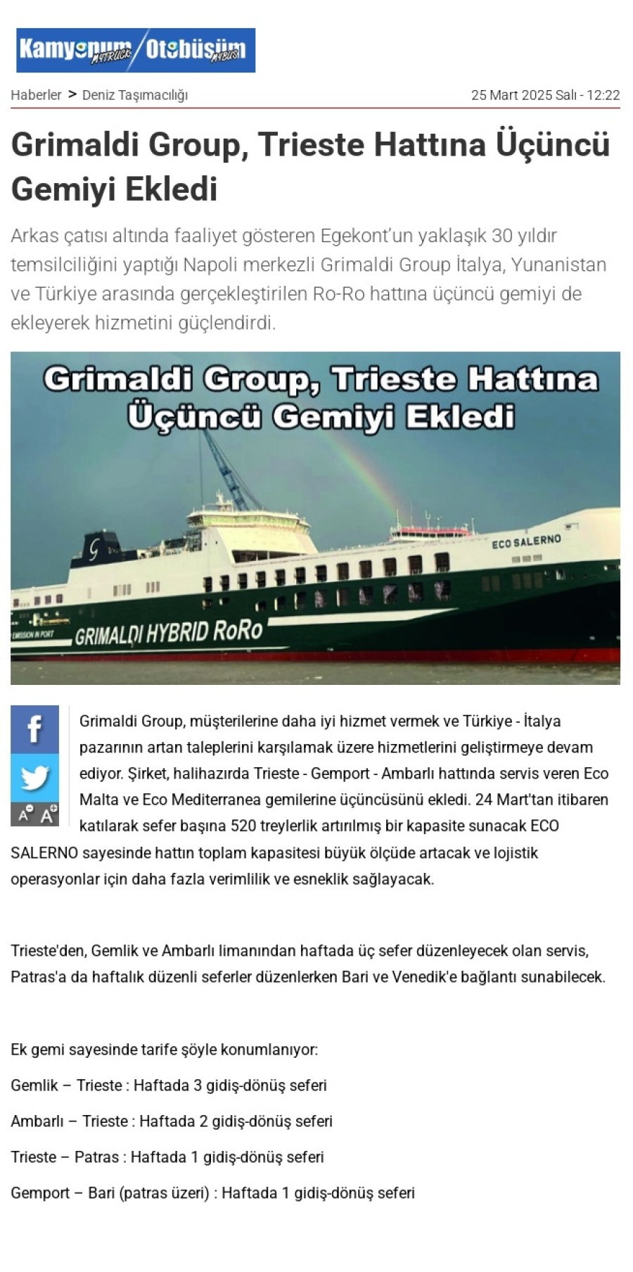 Grimaldi Group, Trieste hattına üçüncü gemiyi ekledi 