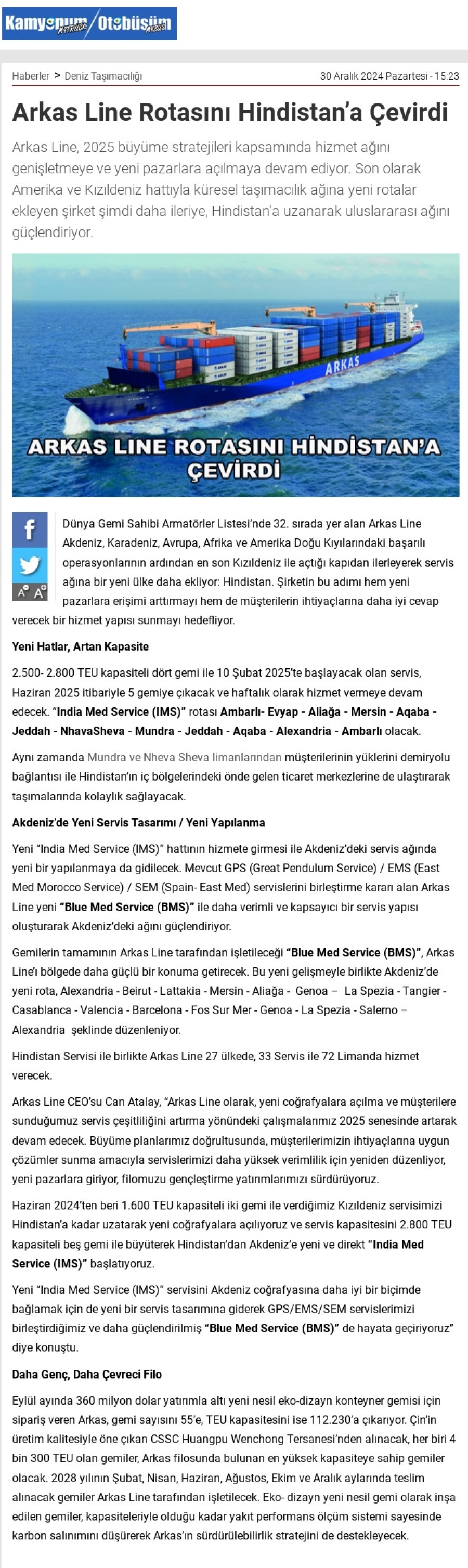 Arkas Line rotasını  Hindistan'a çevirdi 
