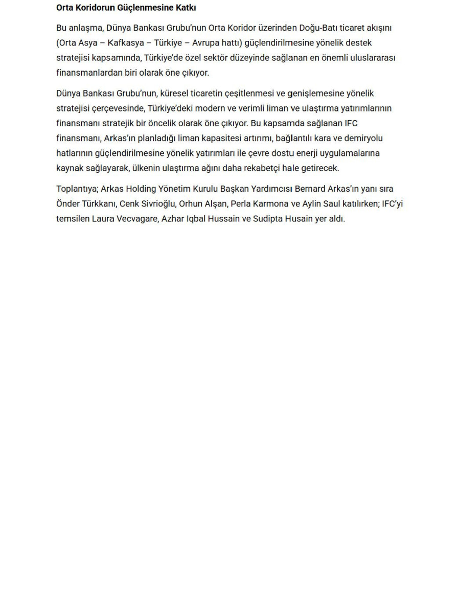 Arkas’a, IFC Liderliğinde Sendikasyon Kredisi