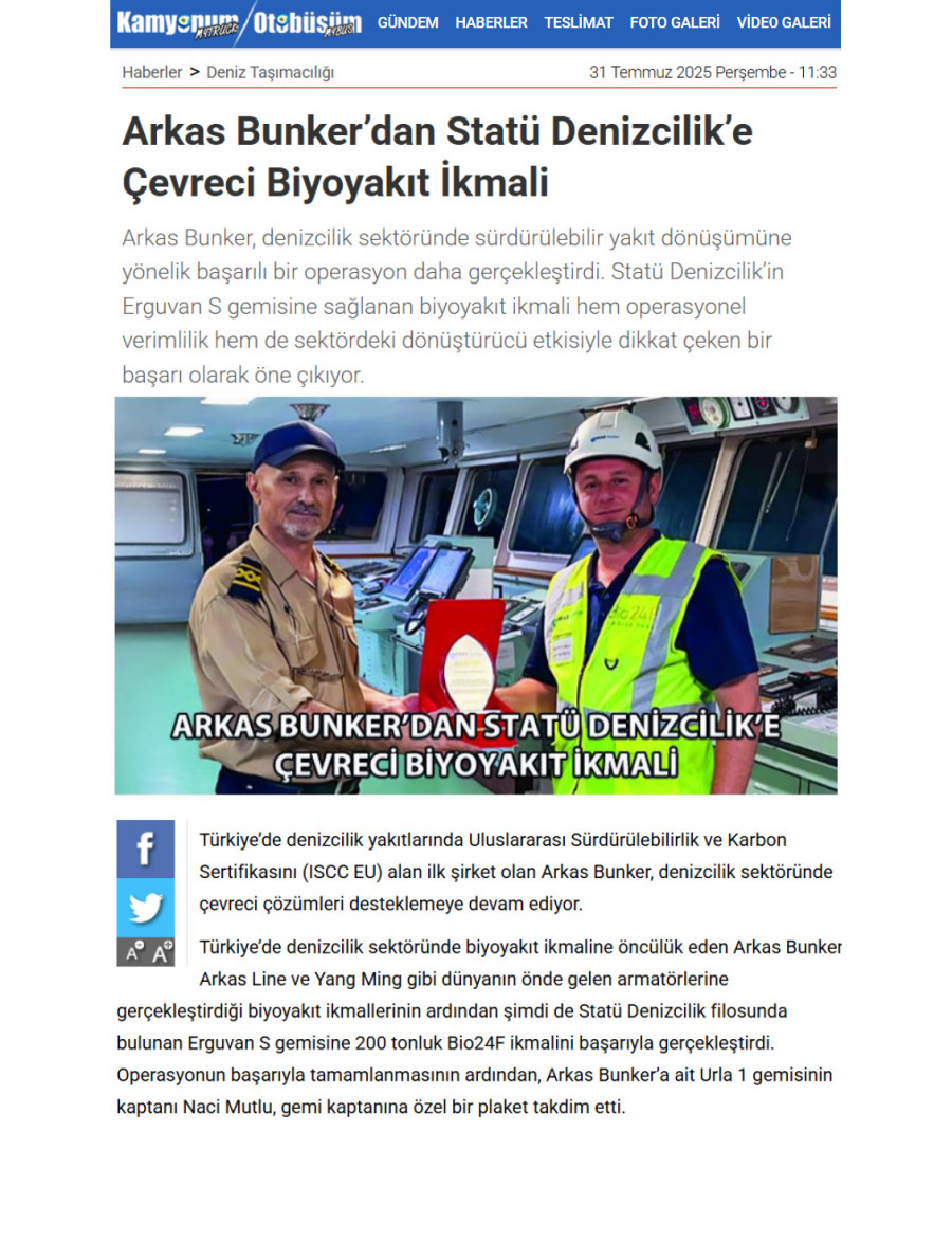 Arkas Bunker’dan Statü Denizcilik’e Çevreci Biyoyakıt İkmali