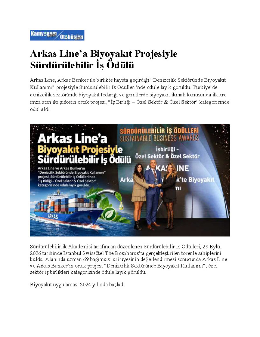 Arkas Line’a Biyoyakıt Projesiyle Sürdürülebilir İş Ödülü