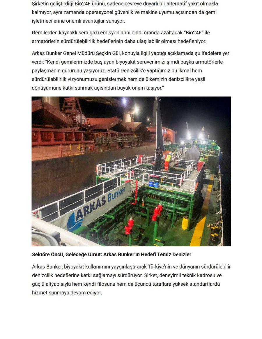 Arkas Bunker’dan Statü Denizcilik’e Çevreci Biyoyakıt İkmali