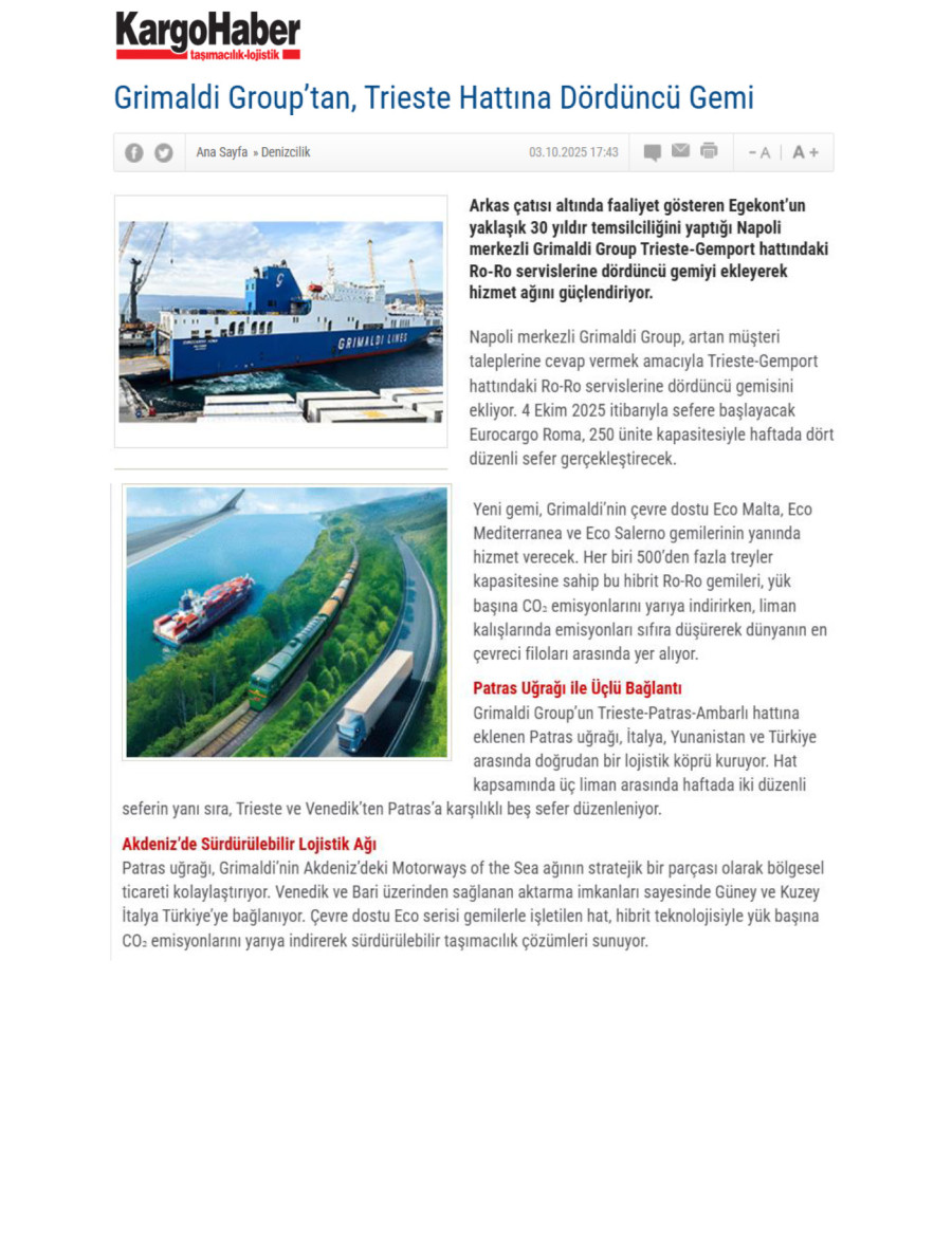 Grimaldi Group’tan, Trieste Hattına Dördüncü Gemi