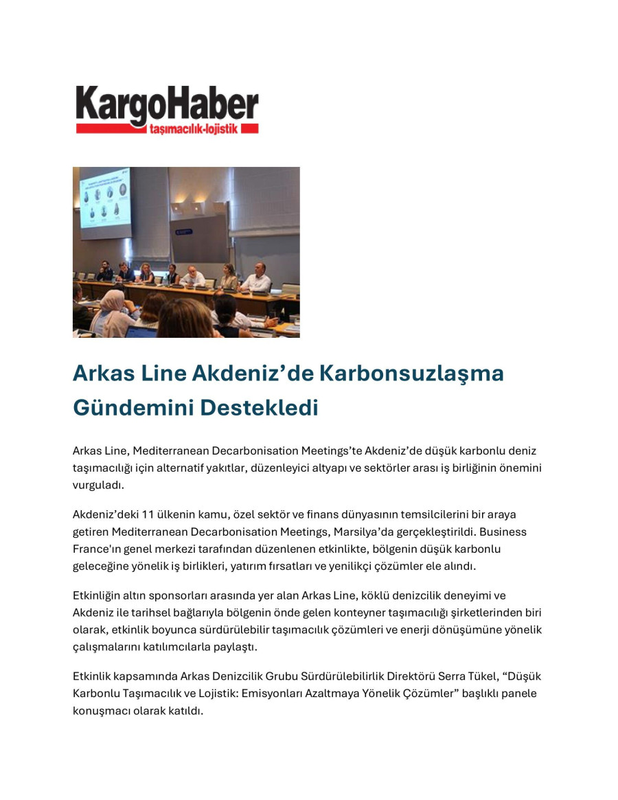 Arkas Line Akdeniz’de Karbonsuzlaşma  Gündemini Destekledi 