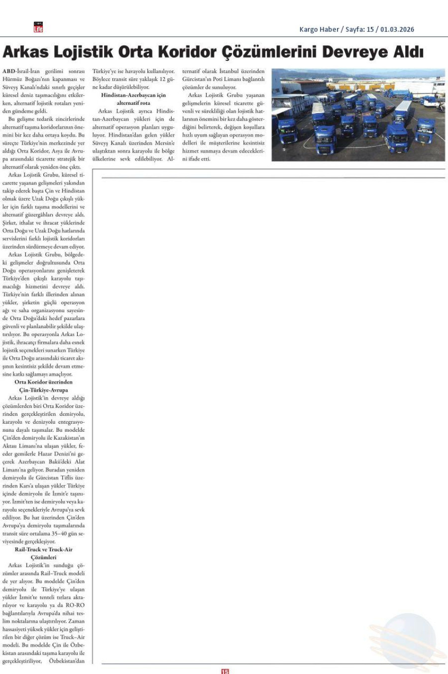 Arkas Lojistik Orta Koridor Çözümlerini Devreye Aldı