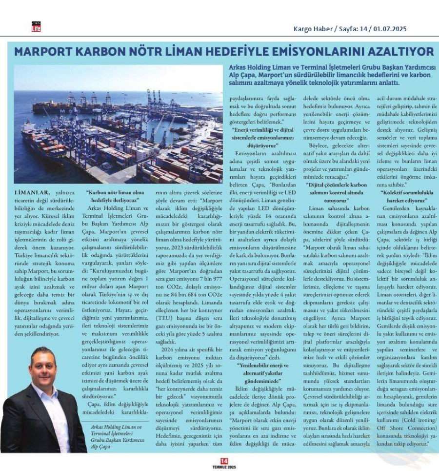 Marport Karbon Nötr Liman Hedefiyle Emisyonlarını Azaltıyor