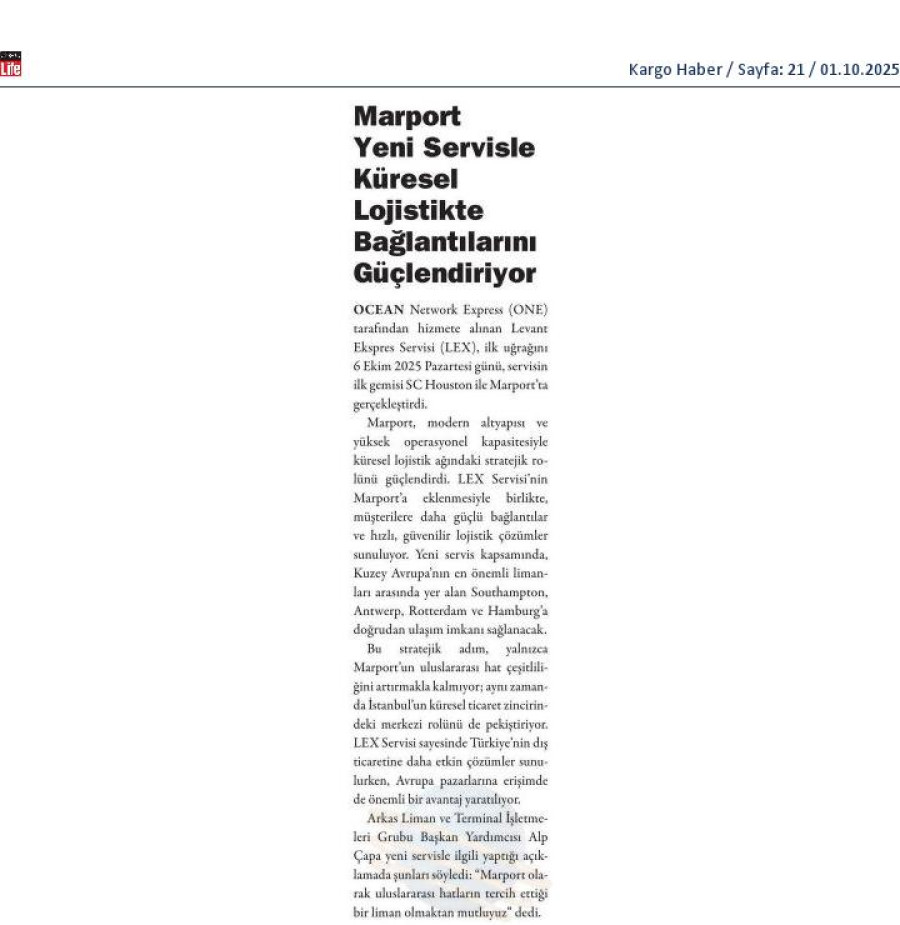 Marport Yeni Servisle Küresel Lojistikte Bağlarını Güçlendiriyor