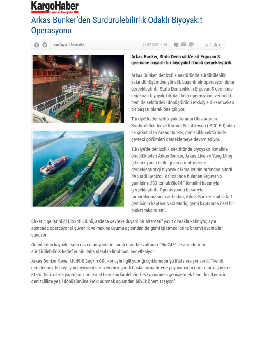 Arkas Bunker’den Sürdürülebilirlik Odaklı Biyoyakıt Operasyonu