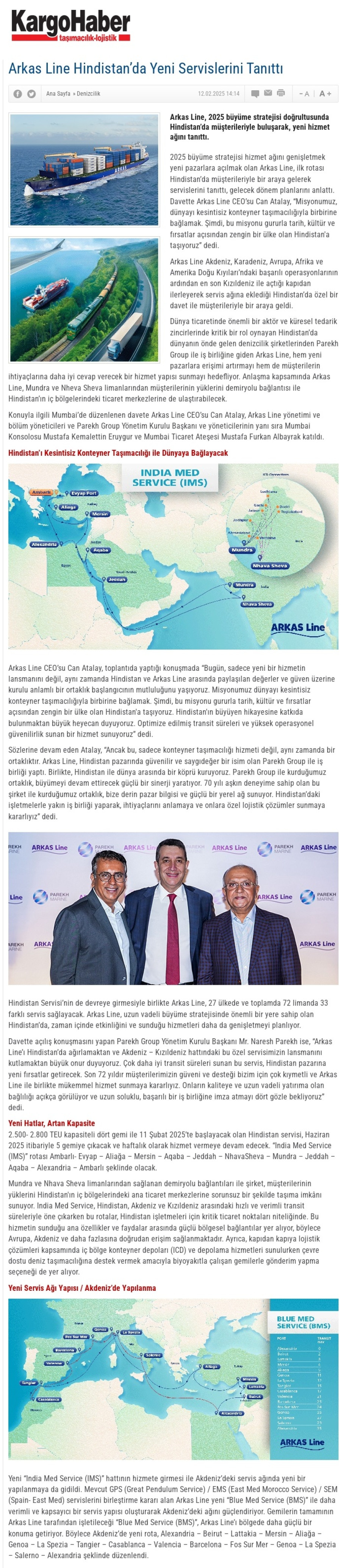 Arkas Line Hindistan'da yeni servislerini tanıttı