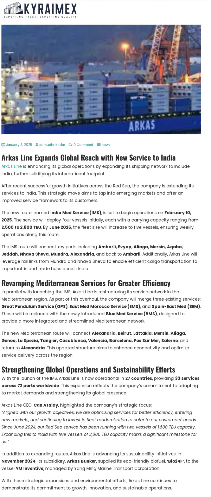 Arkas Line expands shipping network to India