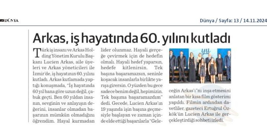 Arkas, iş hayatında 60. yılını kutladı