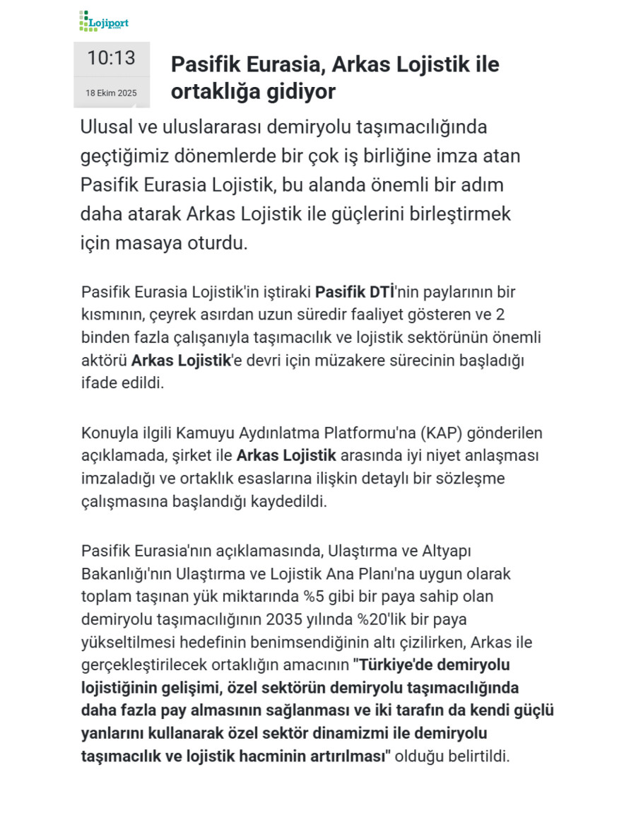 Pasifik Eurasia, Arkas Lojistik İle Ortaklığa Gidiyor