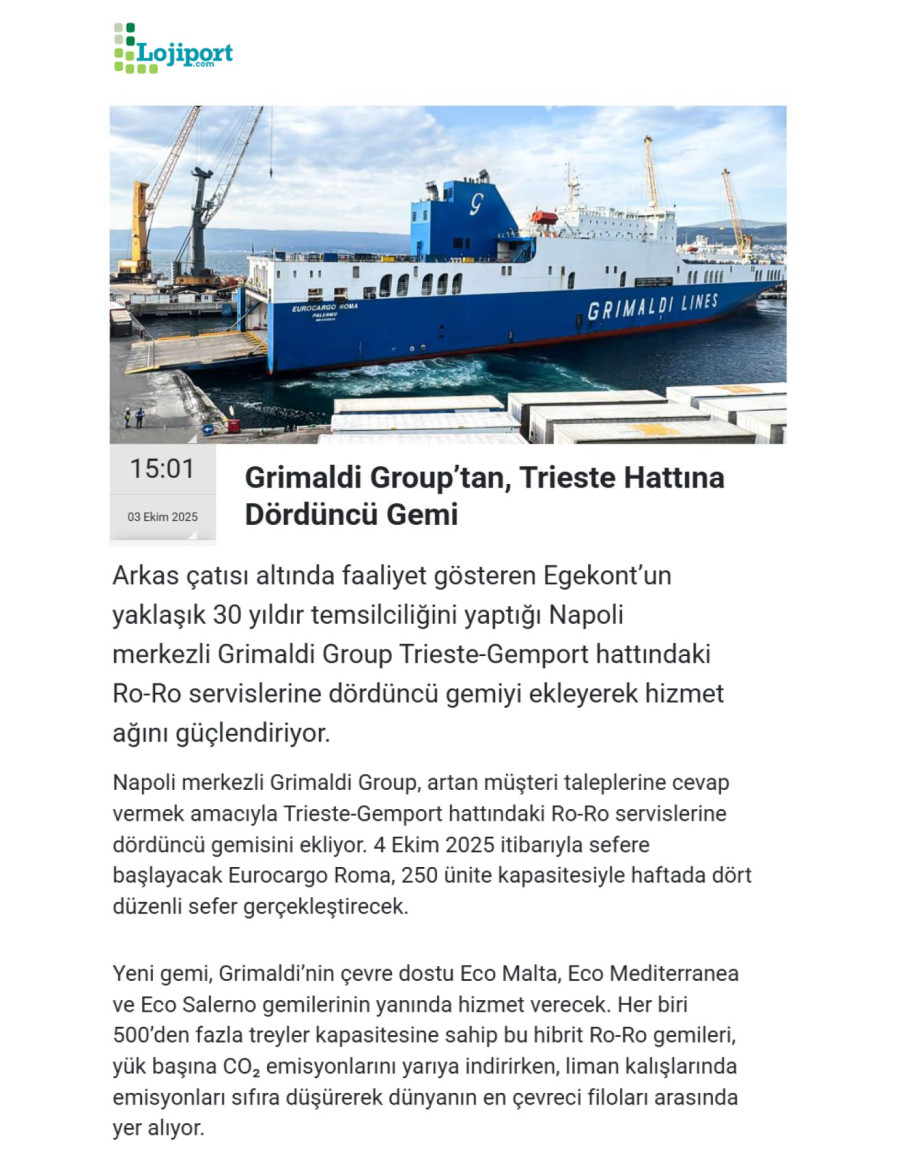 Grimaldi Group’tan, Trieste Hattına Dördüncü Gemi