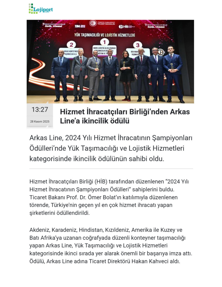 Hizmet İhracatçıları Birliği’nden Arkas Line’a İkincilik Ödülü