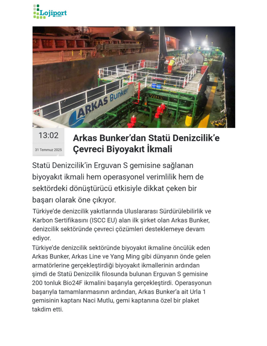 Arkas Bunker’dan Statü Denizcilik’e Çevreci Biyoyakıt İkmali