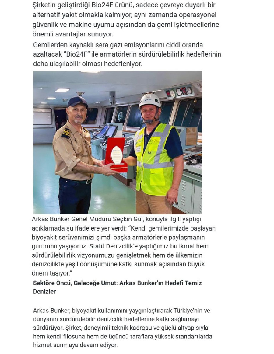 Arkas Bunker’dan Statü Denizcilik’e Çevreci Biyoyakıt İkmali