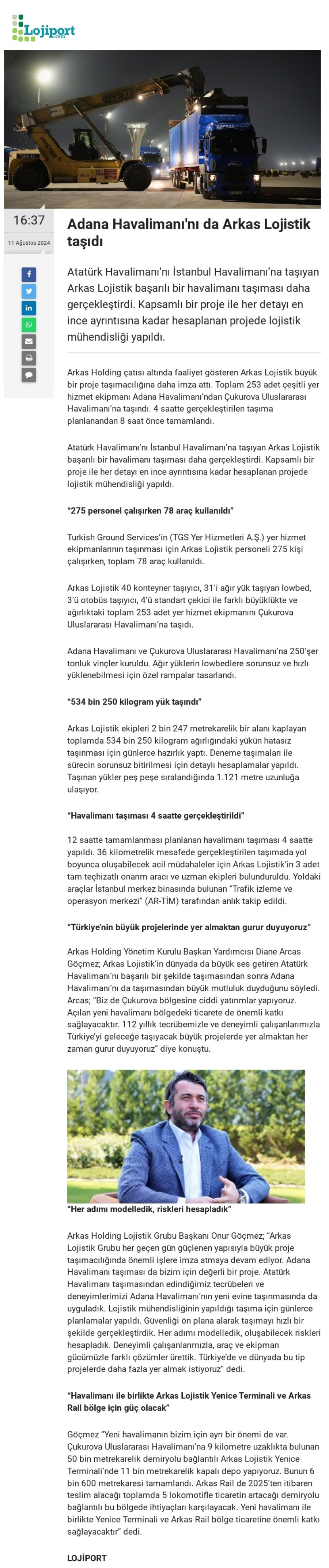 Adana Havalimanı'nı Arkas Lojistik taşıdı 