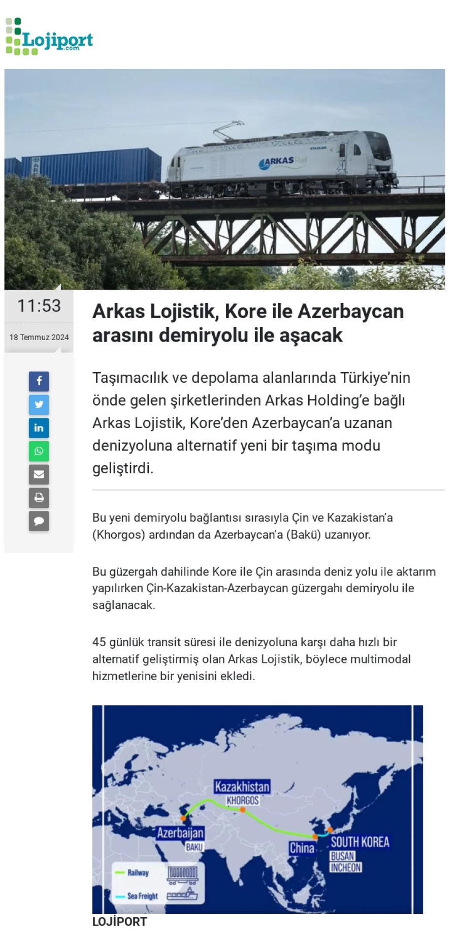 Arkas Lojistik, Kore ile Azerbaycan arasını demiryolu ile aşacak 