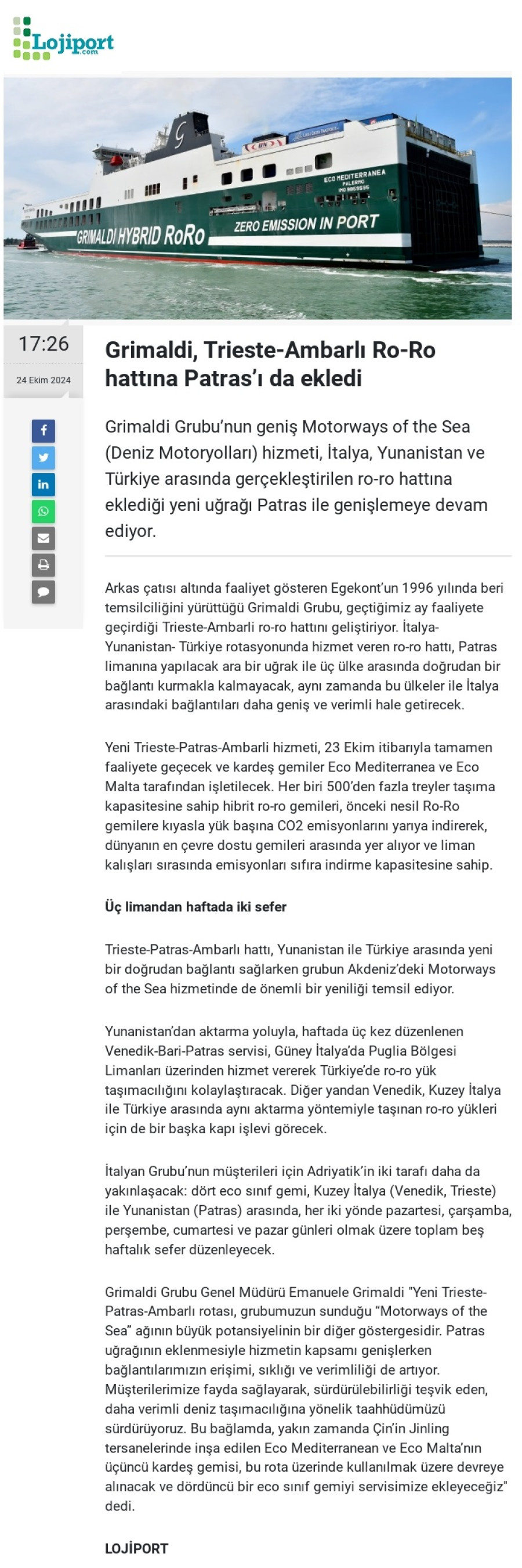 Grimaldi, Trieste-Ambarlı Ro-Ro Hattına Patras'ı da Ekledi