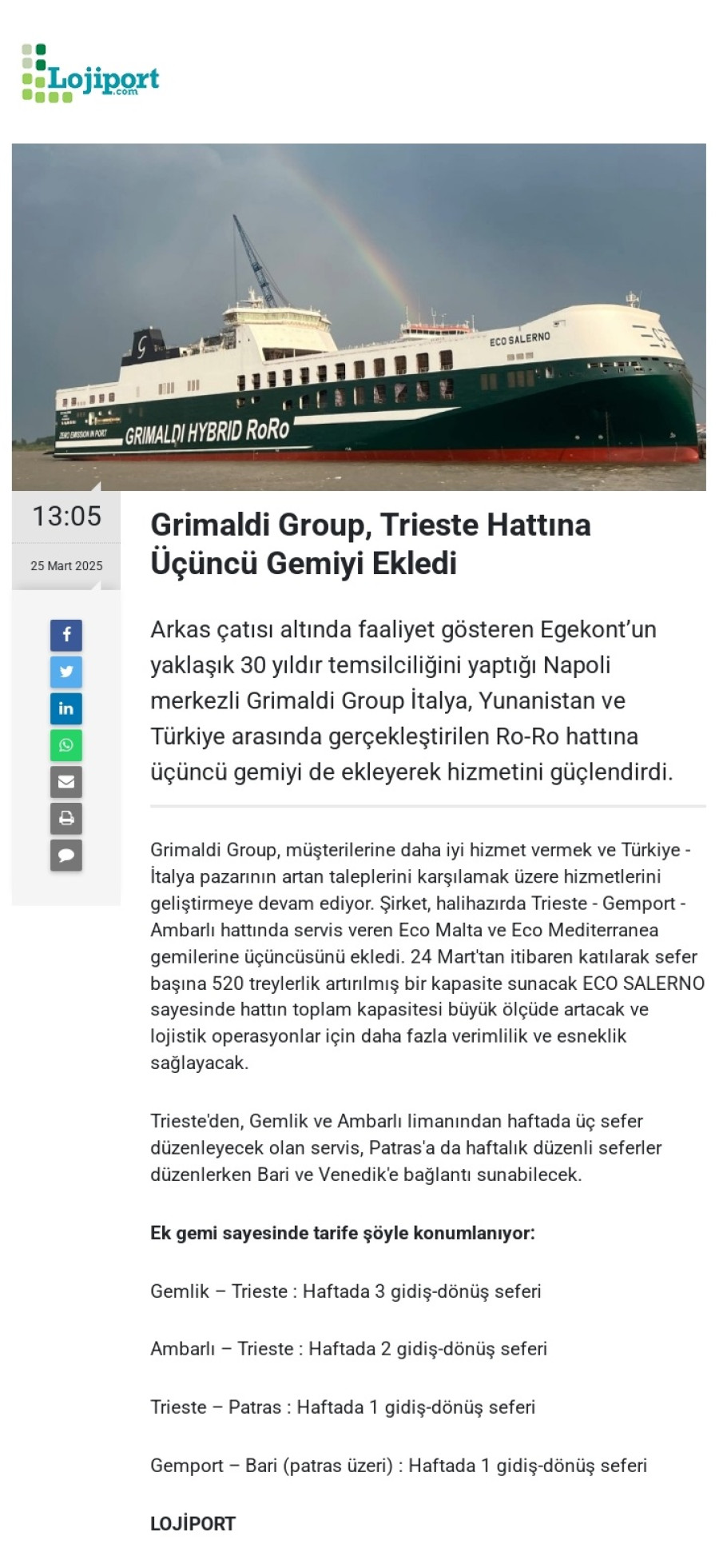 Grimaldi Group, Trieste hattına üçüncü gemiyi ekledi 