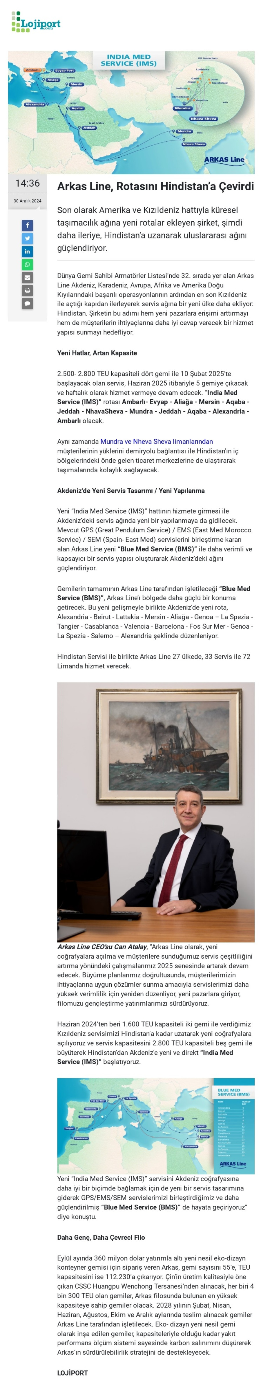 Arkas Line, rotasını  Hindistan'a çevirdi 