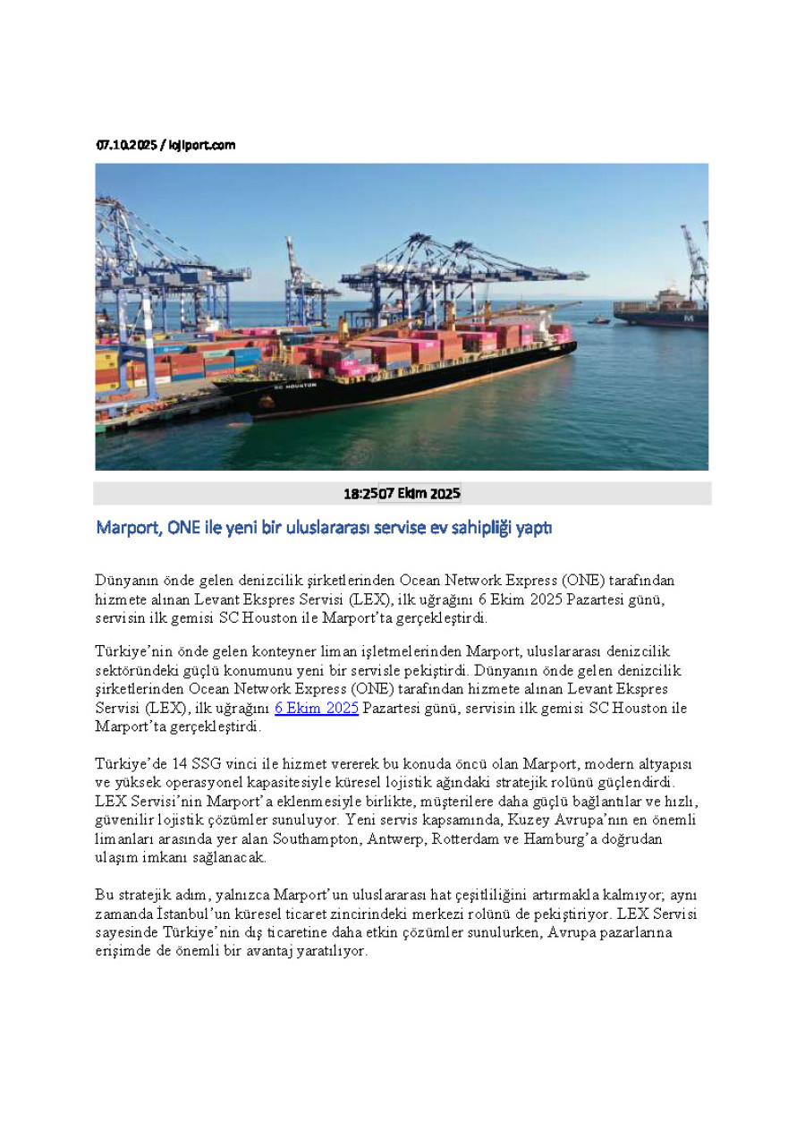 Marport, ONE İle Yeni Bir Uluslararası Servise Ev Sahipliği Yaptı