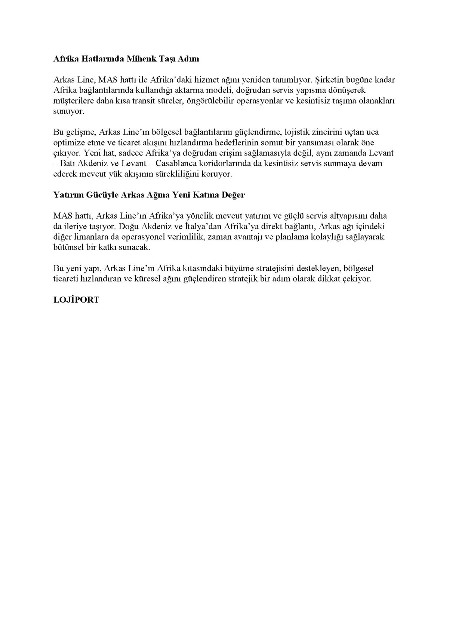 Arkas Line, Batı Afrika’ya Direkt Haftalık Servis Başlatıyor