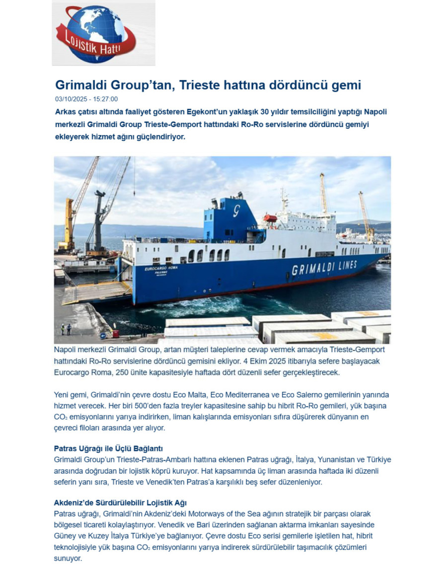 Grimaldi Group’tan, Trieste Hattına Dördüncü Gemi