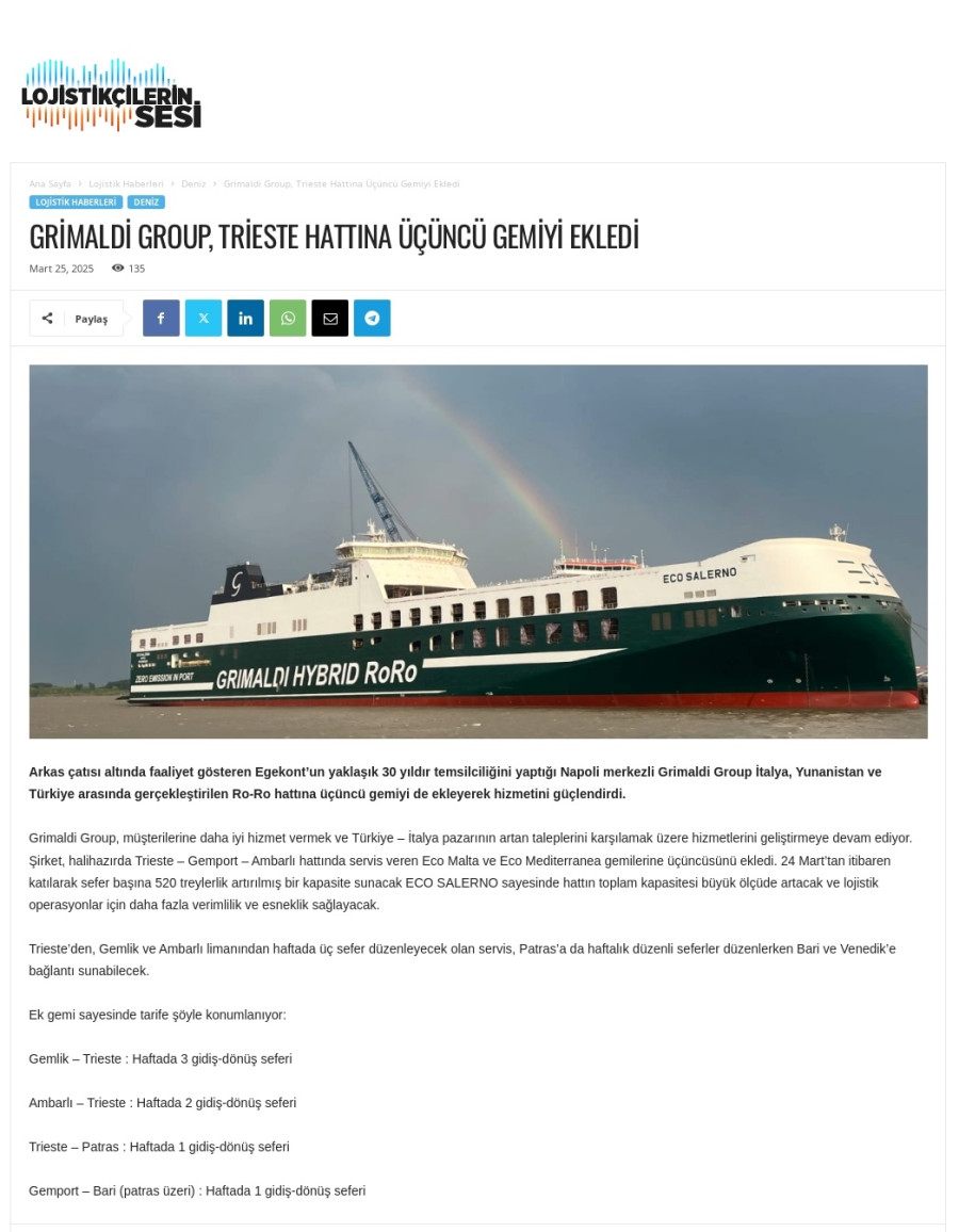 Grimaldi Group, Trieste hattına üçüncü gemiyi ekledi 