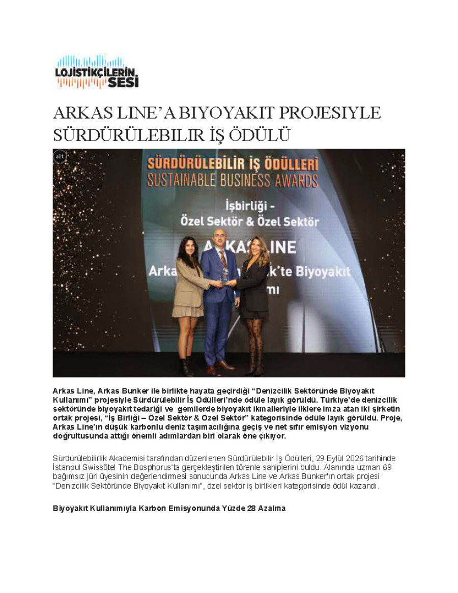 Arkas Line’a Biyoyakıt Projesiyle Sürdürülebilir İş Ödülü
