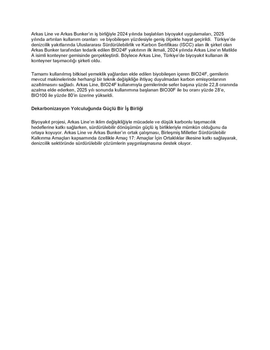 Arkas Line’a Biyoyakıt Projesiyle Sürdürülebilir İş Ödülü