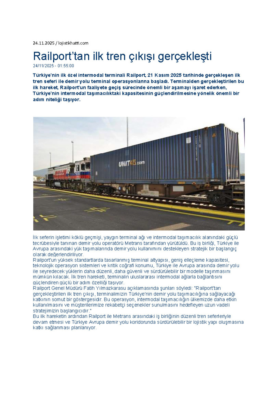 Railport’tan İlk Tren Çıkışı Gerçekleşti
