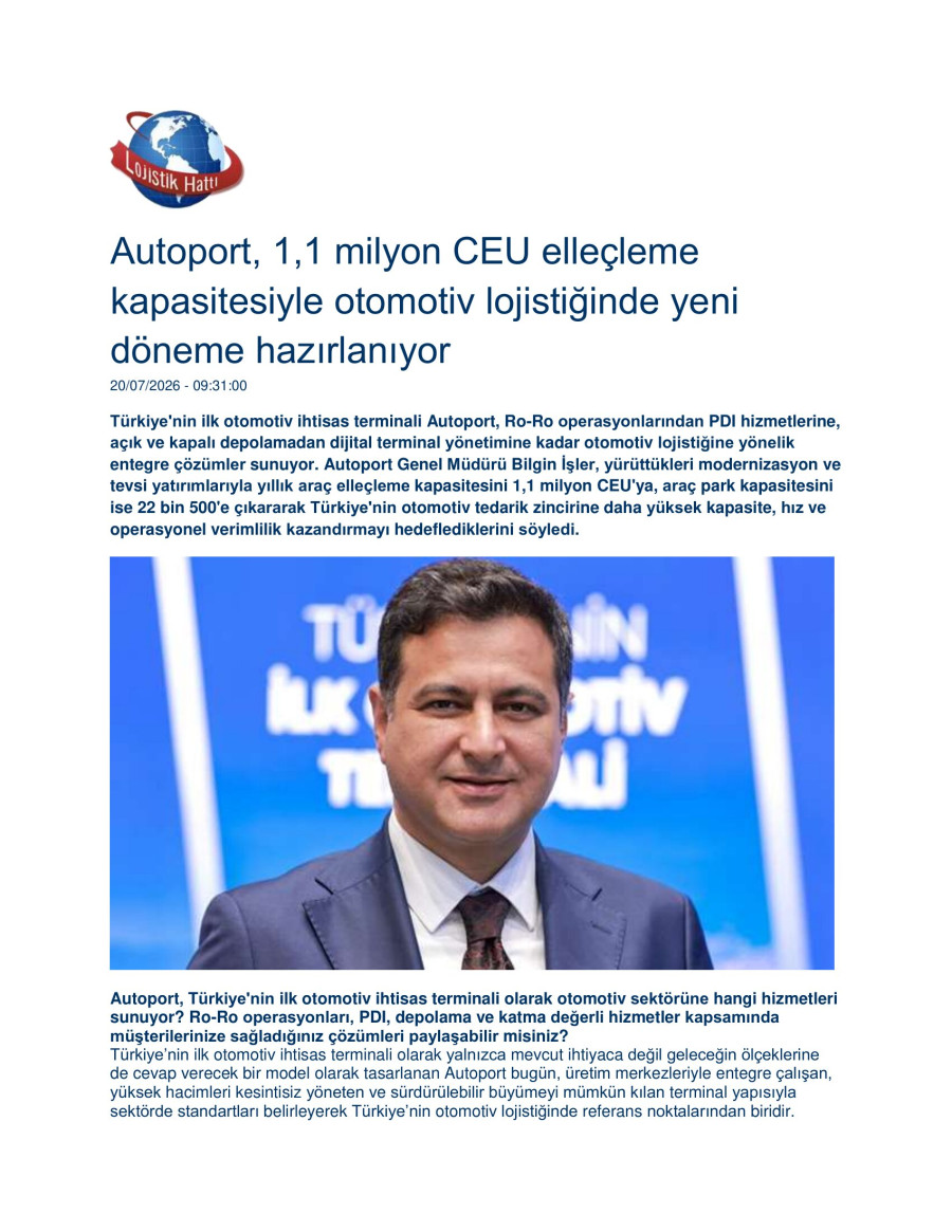 Autoport, 1,1 Milyon CEU Elleçleme Kapasitesiyle Otomotiv Lojistiğin'de Yeni Döneme Hazırlanıyor
