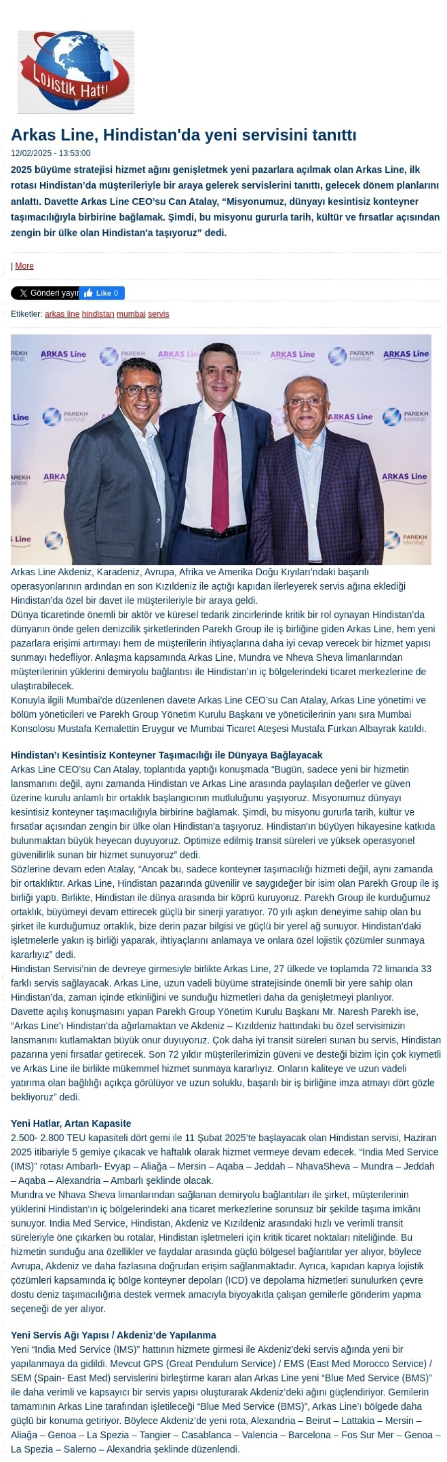 Arkas Line, Hindistan'da yeni servisini tanıttı