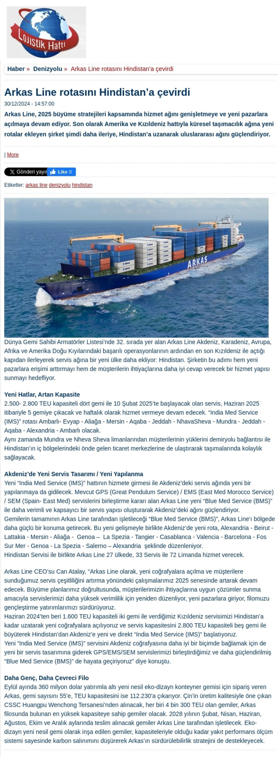 Arkas Line rotasını  Hindistan'a çevirdi 